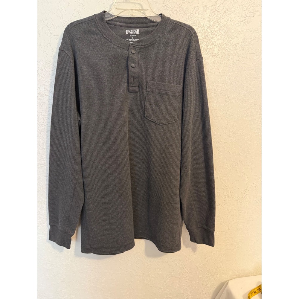 Duluth Trading Co Mens Gray Relaxed Fit Waffle Knit Henley Shirt Large L Pocket